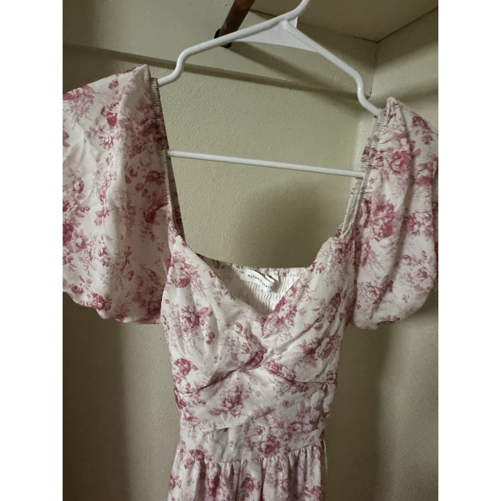 Altar'd State Women's Pink White Floral Toile Puff Sleeve Midi Dress Size Small